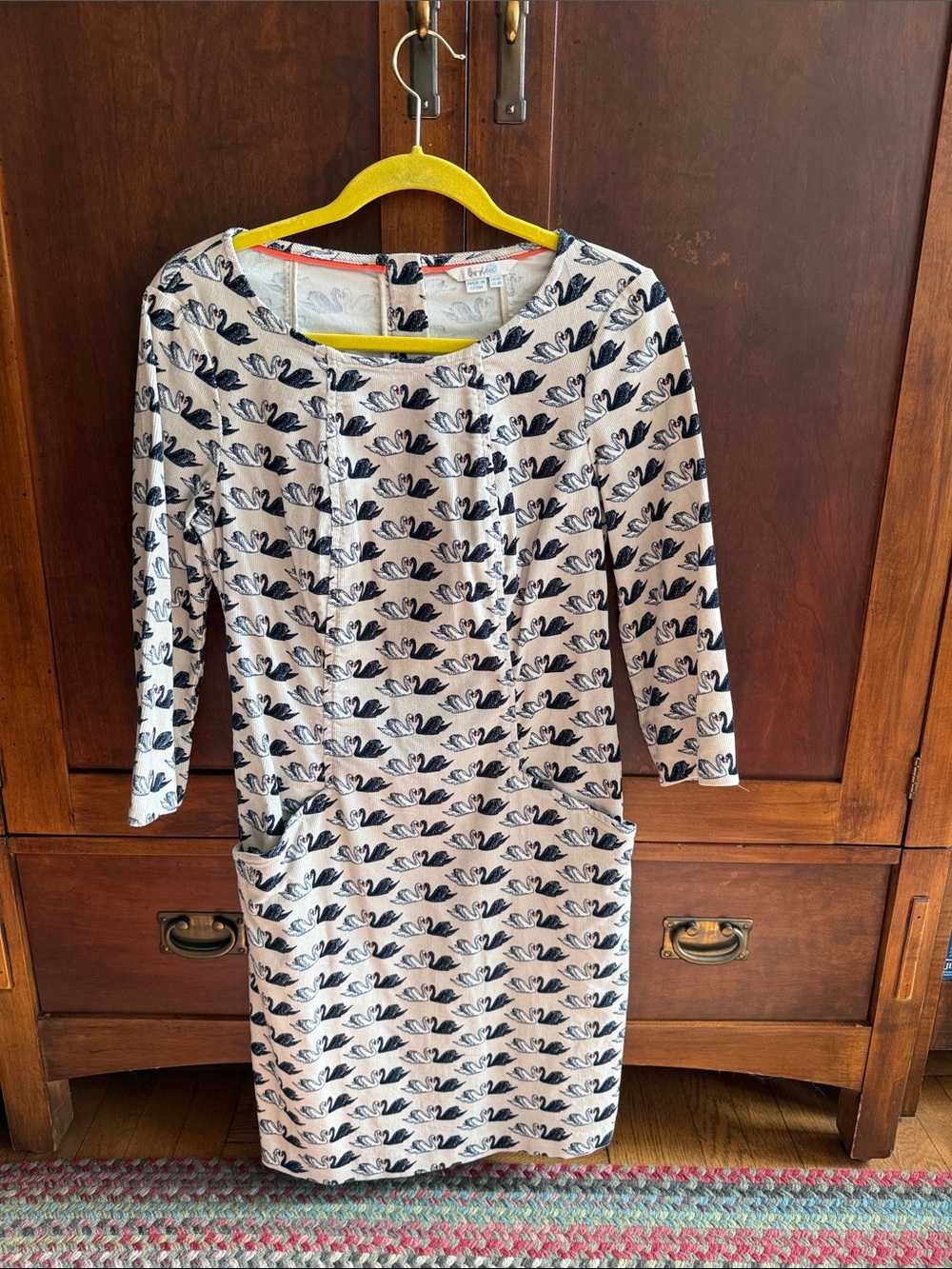 Boden Cream Dress with Black Swirl Print and Three-Quarter Sleeves